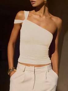 Top sin mangas para mujer, estilo europeo y americano, diseño ajustado y elegante, camiseta asimétrica única, sexy y versátil para el verano - Albaricoque - Ver 6