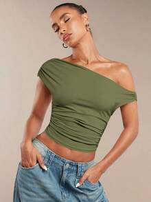 Blusa de verano de unicolor con hombro asimétrico y fruncido para mujer - Verde militar - Ver 6