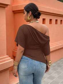 Weeklong Blusa de hombro asimétrico con rayas en la cintura, blusa de rayas de moda para resort, ropa casual de oficina para primavera/verano - Marrón - Ver 2