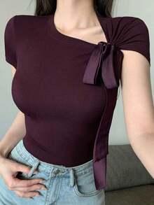 Camiseta ajustada de mujer casual y deportiva con lazo, top morado - Morado - Ver 1