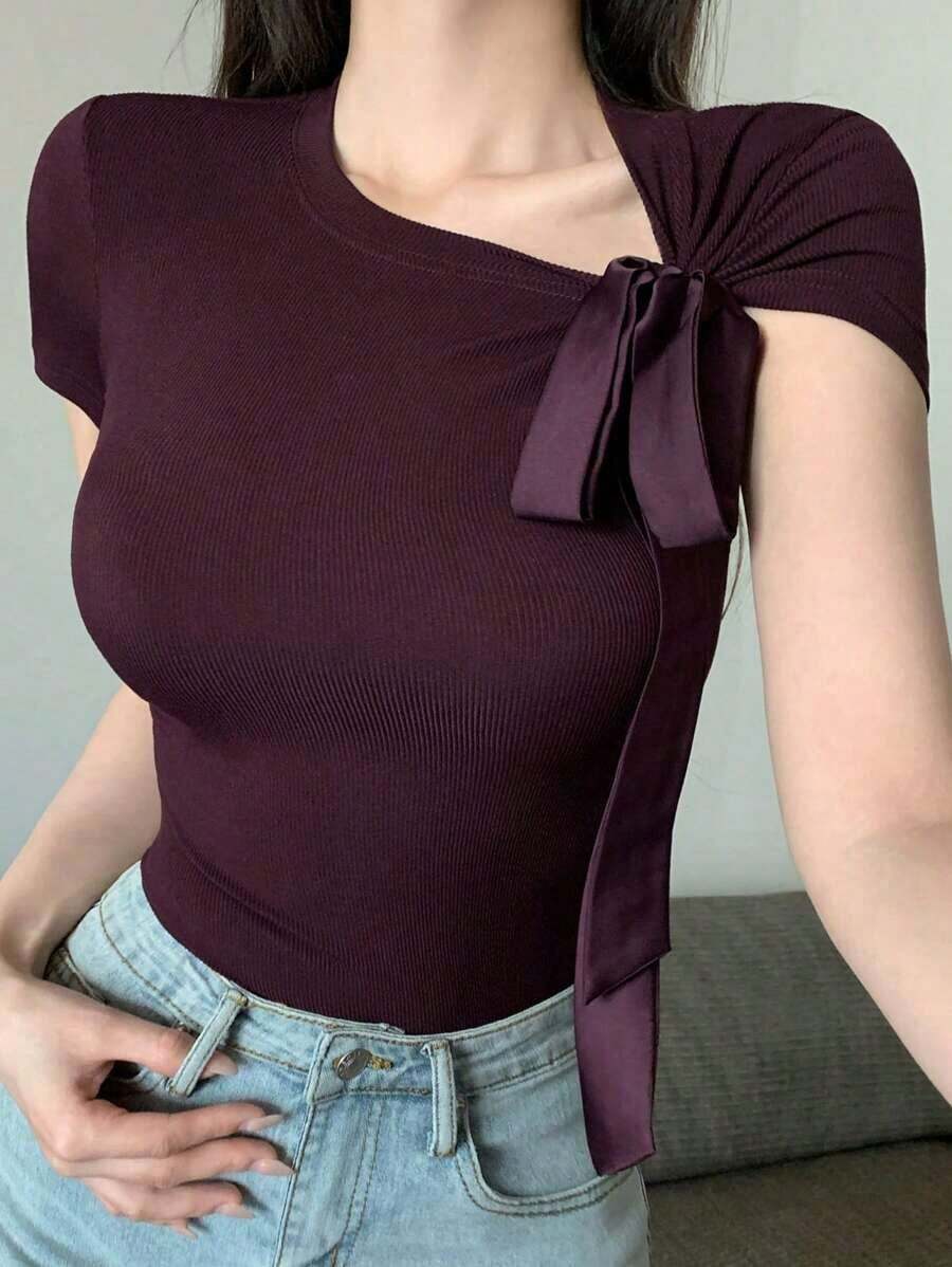 Camiseta ajustada de mujer casual y deportiva con lazo, top morado - Morado - Ver 1