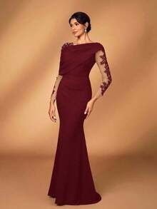 Elegante y romántico vestido de lujo de punto elástico verde oliva con contraste de malla, volante asimétrico en el hombro, ajustado y con bajo de cola de pez, adecuado para fiesta de noche, cita, baile de graduación, boda, luna de miel - Burdeos - Ver 5