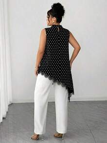 Blusa sin mangas con dobladillo de encaje para mujer de talla grande, elegante blusa larga de estilo vintage, versátil para el trabajo, graduación, vacaciones, San Valentín, festivales de música, Día de la Madre, Halloween, Acción de Gracias, Pascua, Día Nacional, bailes, citas, bodas, salidas, etc. - Blanco y Negro 2 - Ver 2