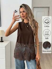 Top sin mangas de mujer con cuello redondo y dobladillo de encaje, primavera/verano - Marrón - Ver 5