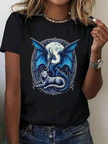 Women's Plus Size Gothic T-Shirt With Bat And Pentagram Print - Retro Black Short Sleeve Crew Neck T-Shirt With Skull And Book Graphic, Soft And Breathable Fabric Suitable For Summer Fitness, Casual And Outdoor Wear - Women's Gothic Style Casual Clothing - 黑色 - 查看 11