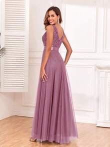Vestido de dama de honor formal de línea A con escote en V sin mangas, bordado y de malla, vestido de fiesta elegante, vestido de invitado de boda formal, vestido de ceremonia de graduación, vestido de noche de primavera - Rosa vieja - Ver 3