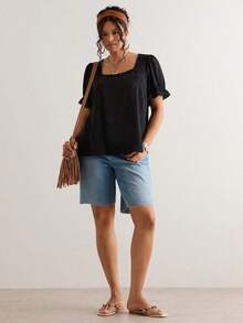 Blusa de manga corta con cuello cuadrado y parches de encaje de talla grande, blusa de manga abullonada - Marrón - Ver 7