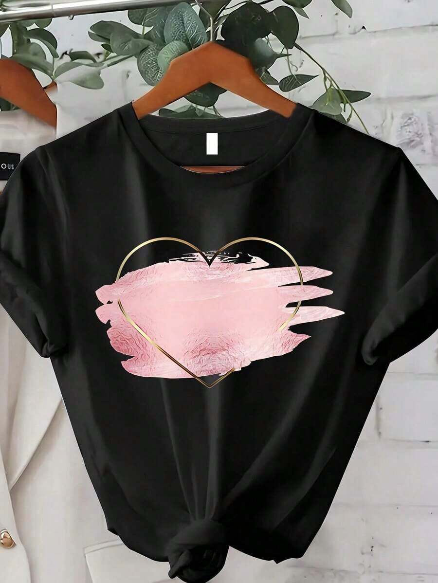 Camiseta de Alta Calidad con Estampado Geométrico de Corazón - Colección Primavera/Verano - Top Casual para Mujer - Largo Regular - Sin Detalles, Ropa de Mujer, Estampado de Dibujos Animados y Letras, Material de Algodón Cómodo, Amigable con la Piel, Suave y Fresca, Camiseta de Verano para Mujer, 100% Algodón - Negro - Ver 1