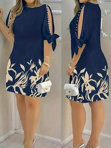 Vestido de mujer con estampado floral, mangas con volantes y adornos de perlas falsas, adecuado para vacaciones, uso casual, diario y diversas reuniones elegantes de verano - Azul marino - Ver 1