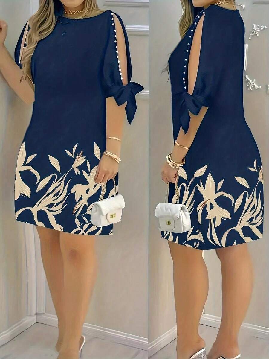 Vestido de mujer con estampado floral, mangas con volantes y adornos de perlas falsas, adecuado para vacaciones, uso casual, diario y diversas reuniones elegantes de verano - Azul marino - Ver 1