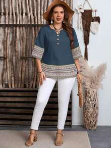 Camisa casual de mujer con cuello en V y botones, de manga corta y estampado geométrico - Multicolor 8 - Ver 6
