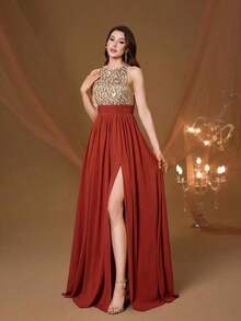 Vestido de noche de cuello redondo y halter nuevo de , vestido de gasa con abertura alta y parches de lentejuelas para fiesta - Champán - Ver 5