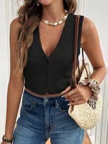 Frenchy Top de tanque casual de botones frontales de unicolor con textura para verano - Negro - Ver 5
