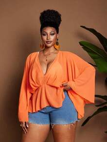 de gasa con cuello en V, mangas acampanadas con volantes y pliegues, estilo francés elegante para verano, talla grande, color naranja, camisa grácil para mujer, atuendo de vacaciones, Top con bajo fluido - Naranja - Ver 3