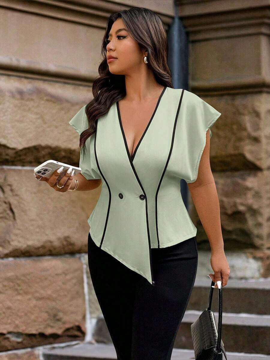 Camisa elegante de mujer talla grande con cuello en V, bajo asimétrico, diseño de rayas y parches, con encaje transparente en la parte delantera, adecuada para uso diario, oficina y citas, primavera/verano - verde menta - Ver 1