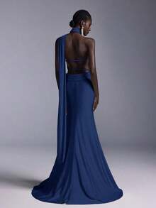Vestido largo de sirena con espalda abierta y ajustado, de estilo minimalista, adecuado para asistir a fiestas formales, reuniones y galas formales de damas - Azul marino - Ver 3