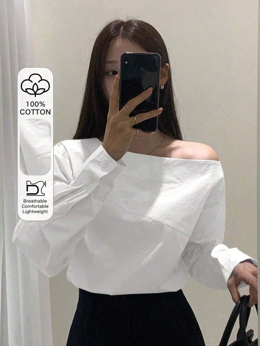 Camisa azul de manga larga con hombro asimétrico de unicolor para mujer, azul claro, primavera/verano/otoño - Blanco - Ver 1