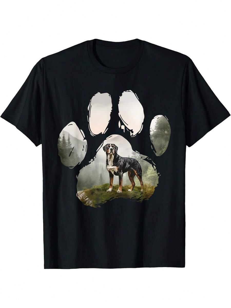 Cadeau pour maman et papa de chien - T-shirt en tissu noir durable avec grandes empreintes de pattes de chien de montagne suisse - Vêtements pour amateurs d'animaux de compagnie pour tous les jours et occasions spéciales - T-shirt col ras-du-cou unisexe décontracté pour hommes et femmes (tailles S-XXXL) - Cadeau durable pour les propriétaires de chiens, coupe confortable pour toutes les saisons, impression de haute qualité, chemise lavable en machine - Comme le montre l'image - Voir 1