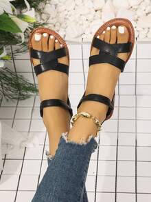 Women's Cross Strap Elastic Back Slingback Classic Sandals For Vacation And Daily Wear - Black - View 20