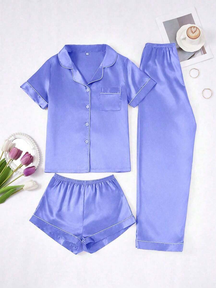 Conjunto de pijama de 3 piezas para mujer con cuello de seda falsa de unicolor y ribete contrastante - Niebla azul - Ver 1