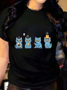 Camiseta de Gatos Azules Divertidos para Mujer, Estilo Casual Holgado, Manga Corta, Ideal para Uso Diario y Regalos - Negro - Ver 1