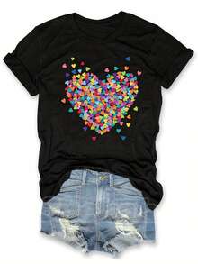 Women's Retro Multicolor Heart Print T-Shirt - Casual Short Sleeve Crew Neck Top With Colorful Heart Design, Vibrant Pink Green Yellow Orange, H-Line Fitted All Season Casual Wear T-Shirt - 黑色 - 查看 6