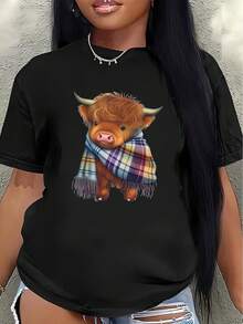 Camiseta de manga corta de poliéster, con un diseño de una adorable vaca de las Highlands con una bufanda a cuadros, adecuada para uso casual en casa o en una cafetería, ligera y duradera, que ofrece tanto comodidad diaria como estilo.blusa casual mujer - Negro - Ver 1