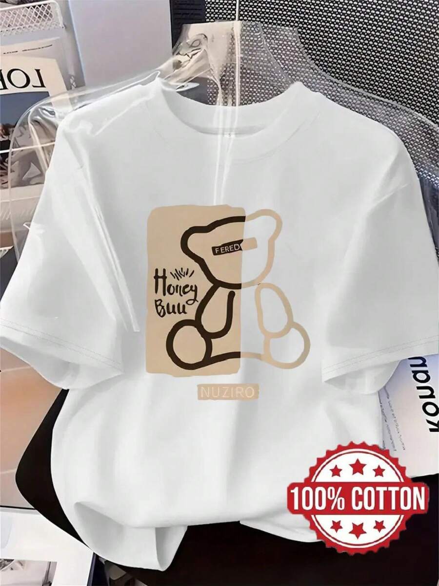 Camiseta de Mujer TH163, Camiseta de Moda con Estampado de Oso y Letras, 100% Cuello Redondo, Manga Corta, Corte Holgado con Hombros Caídos, Absorbe el Sudor y es Transpirable, Casual y Cómoda, Adecuada como Capa Base en Otoño e Invierno o como Prenda Exterior en Primavera y Verano, Camisetas para Salir para Mujer. - Blanco - Ver 1