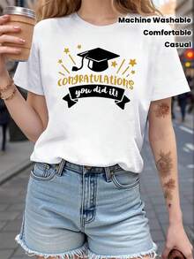 Camiseta de Graduación para Mujer, Ideal para Fiestas de Graduación y Regalos - Camiseta de Manga Corta con Cuello Redondo y Estampado de Diploma, Ropa Casual de Primavera y Verano, Ajuste Cómodo y Elástico, Apta para Atuendos Diarios (Lavable a Máquina) Ideal para primavera, verano y otoño. - Blanco - Ver 2