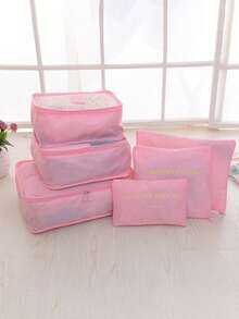 6pcs Waterproof Luggage Travel Organizer Set, Colorful Portable Zipper Packing Cubes For Clothes, Suitable For Travel, Dorm, Suitcase, Minimalist Style (All Prints & Letters Random) - Pink - View 6