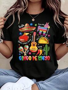 Camiseta genial informal para el Cinco de Mayo, Viva México, fiesta de la independencia mexicana, camiseta de mujer con bandera, manga corta, cuello redondo, de algodón, para la moda de verano. - Negro 5 - Ver 7