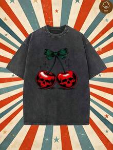 1 Men's Durable Vintage T-Shirt - Dark Grey With Red Cherry Print - Halloween Gothic Style, Casual, Loose Fit, Urban Style, Short Sleeve - Soft And Breathable Fabric - Machine Washable, 180g, 100% Cotton. - 黑色 - 查看 6
