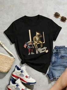 Camiseta de manga corta con cuello redondo suave y casual de verano para mujer, estilo rugby, estilo universitario, tops para salir, algodón, vintage, estilo callejero europeo y americano, casual deportivo, estilo unisex, estilo casual urbano, tops bonitos, generación Z, curvas, ropa Y2K, camisetas divertidas, tops para damas, conjuntos de vacaciones para mujeres, top lindo, camiseta gráfica, conjuntos de primavera, camisetas holgadas, ropa de calle retro, estilo de los 90, estilo de los 2000, subcultura, top , tops blancos, conjunto de fiesta de los 90. Adecuado para primavera, verano y otoño - Negro - Ver 5