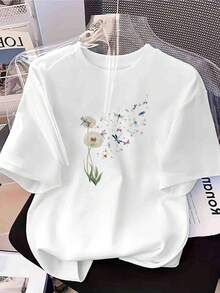 Camiseta de Mujer con Estampado de Diente de León y Libélulas - Camiseta Inspiradora para Mujer - Cuello Redondo - Diseño Casual Ligero de Primavera/Verano con Diseño Fantasioso y Frase Emblemática - Lavable a Máquina - Ropa Casual Cómoda y Tops para Salir para Mujer - Blanco - Ver 1