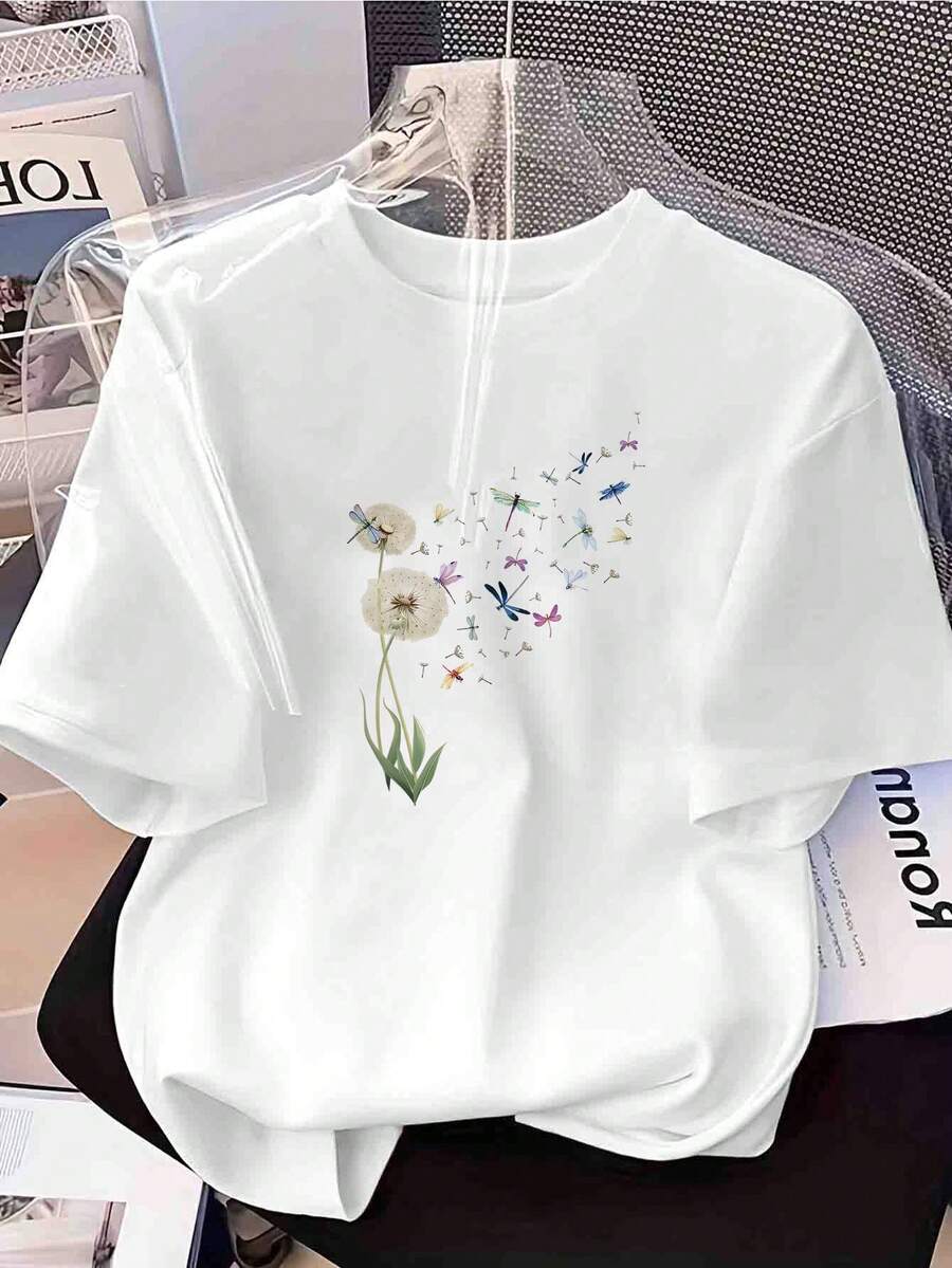 Camiseta de Mujer con Estampado de Diente de León y Libélulas - Camiseta Inspiradora para Mujer - Cuello Redondo - Diseño Casual Ligero de Primavera/Verano con Diseño Fantasioso y Frase Emblemática - Lavable a Máquina - Ropa Casual Cómoda y Tops para Salir para Mujer - Blanco - Ver 1