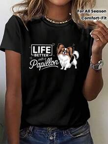 Camiseta de mujer 100% algodón con estampado de perro mariposa - Camiseta casual 100% cómoda con cuello redondo, estampada con el eslogan "Vive una vida mejor con un perro mariposa" y un dis - Negro - Ver 1