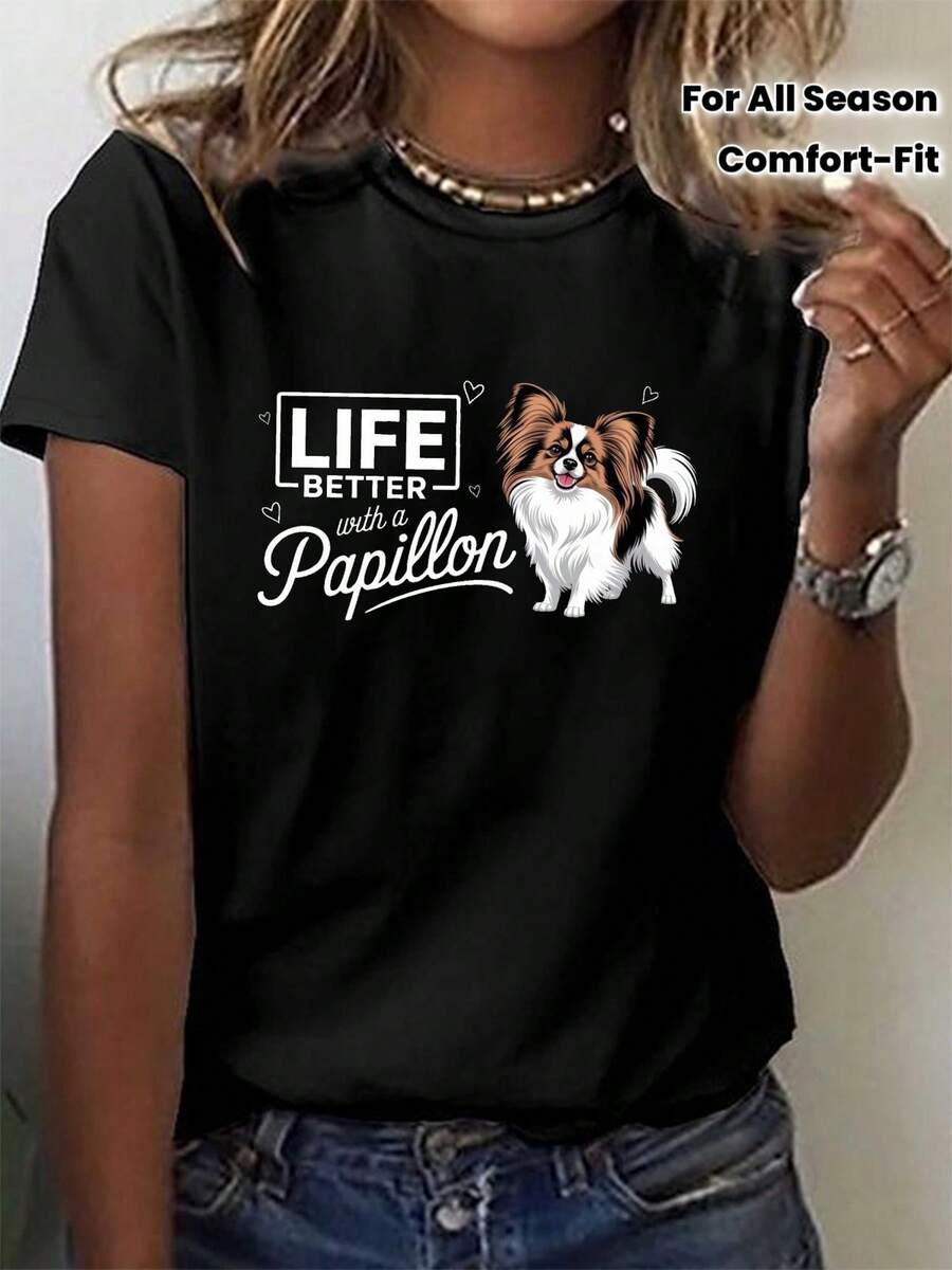 Camiseta de mujer 100% algodón con estampado de perro mariposa - Camiseta casual 100% cómoda con cuello redondo, estampada con el eslogan "Vive una vida mejor con un perro mariposa" y un dis - Negro - Ver 1