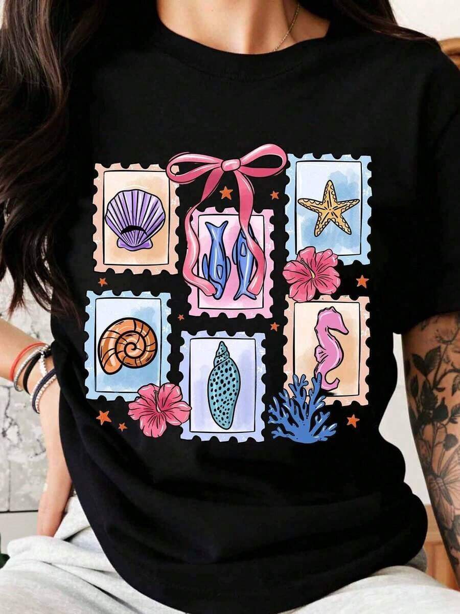 Women's Summer T-Shirt With Seashell, Starfish, And Seahorse Design, Casual Vacation Wear, Ocean-Inspired Graphic Tee, Women's T-Shirt - 黑色 - 查看 1
