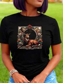 LooseCamiseta de Estética Cottagecore Linda con Ciervo y Flores para Amantes de los Ciervos, Camiseta de Ejercicio al Aire Libre para Mujeres, Camisetas Gráficas, Tops Cortos, Conjuntos, Top - Negro - Ver 8