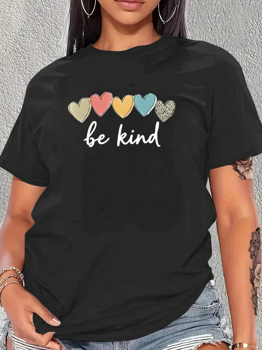 Women's Short-Sleeved T-Shirt, Five Colors. Women's "Be Kind" Heart Print T-Shirt, New Summer Collection, Leopard Print, Minimalist Slogan T-Shirt, 100% Cotton - 黑色 - 查看 1