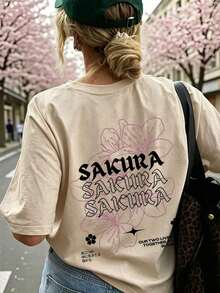 Camiseta Casual para Mujer 2026 con Estampado Gráfico de Sakura Blanca, Manga Corta con Hombros Caídos, Cuello Redondo, Tejido de Punto de Elasticidad Media para Moda de Primavera, 100% Algodón - Albaricoque - Ver 6