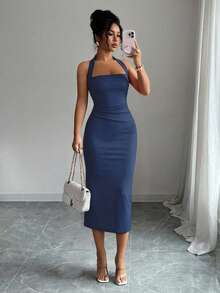 Vestido de mujer de longitud media elegante, adecuado para vacaciones, reuniones diarias, fiestas y eventos de cóctel Rojo Verano - Azul marino - Ver 3