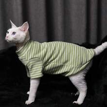 条纹高领猫咪毛衣，舒适弹力春夏宠物服装，适合斯芬克斯猫和德文卷毛猫等无毛猫 - 綠色 - 查看 10
