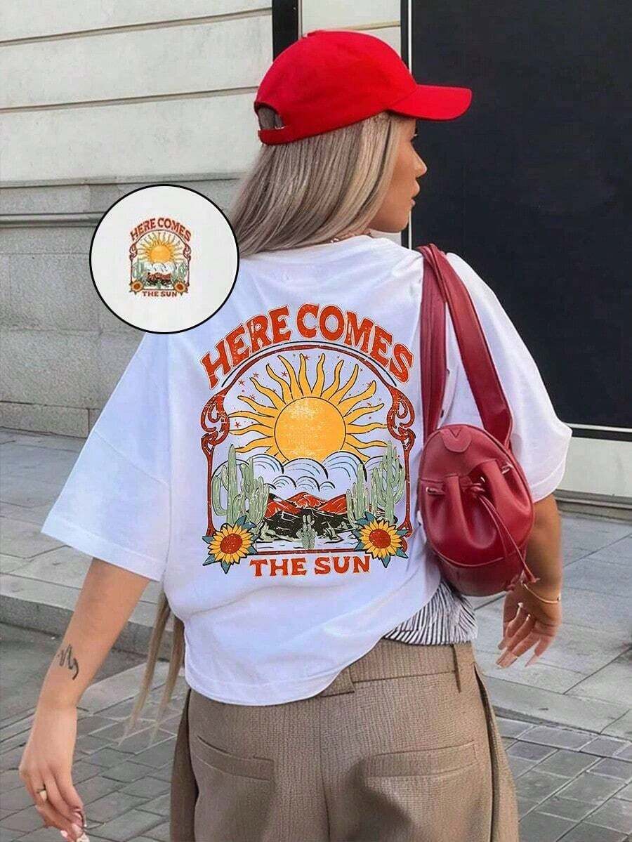 Women's Casual Loose Fit T-Shirt With "Here Comes The Sun" Print, Breathable And Comfortable, Short Sleeve, Round Neck, Retro Desert Sun And Cactus Print, Soft Cotton, Perfect For Everyday Wear And Urban Boho Style - 白色 - 查看 1