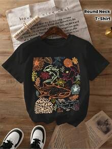 1 Women's T-Shirt With Vibrant Shark And Marine Life Print - Soft Short Sleeves, Round Neck, Breathable Fabric - Suitable For Daily Wear And Casual Gatherings - Machine Washable, 180g, 100% Cotton. - 黑色 - 查看 2