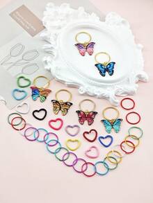 36 Stücke buntes, bohemisches Haarschmuckset - Regenbogen Schmetterling, Kreis & Herz Anhänger auf verstellbaren Metallringen für Dreadlocks und Zöpfe, Sommer Festival Haarschmuck für Mädchen - Gemischte Farbe - Übersicht 3