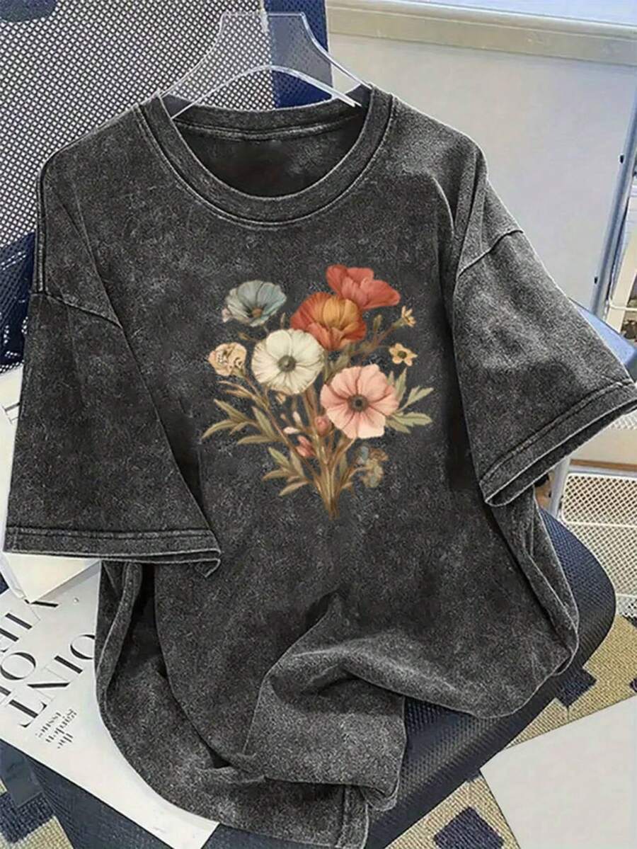 1 camiseta de mujer de algodón lavado vintage - camiseta de manga corta con cuello redondo de estilo vintage, camiseta con estampado, top de moda de verano ligero y suave, camiseta de uso casual. | Camiseta Vintage Lavada | Aspecto retro a la moda, 180g, 100% algodón - Negro - Ver 1