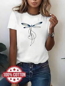 Women's 100% Cotton Short Sleeve T-Shirt With Artistic Dragonfly And Musical Note Design - Casual Round Neck Top, Light Green, Spring/Summer Collection, Casual Wear, Artistic Print Top, Comfortable Fit - 白色 - 查看 1