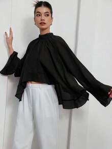 Elegant And Luxurious Chiffon Blouse With Ruffles And Layers In Purple-Red For Women - Black - View 1