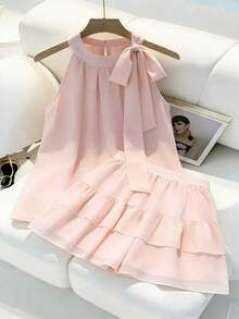 Conjunto de blusa sin mangas con nudo delantero y falda con volantes y dobladillo en capas, conjunto de verano casual de resort, set en color rosa - Rosa Pálido - Ver 1